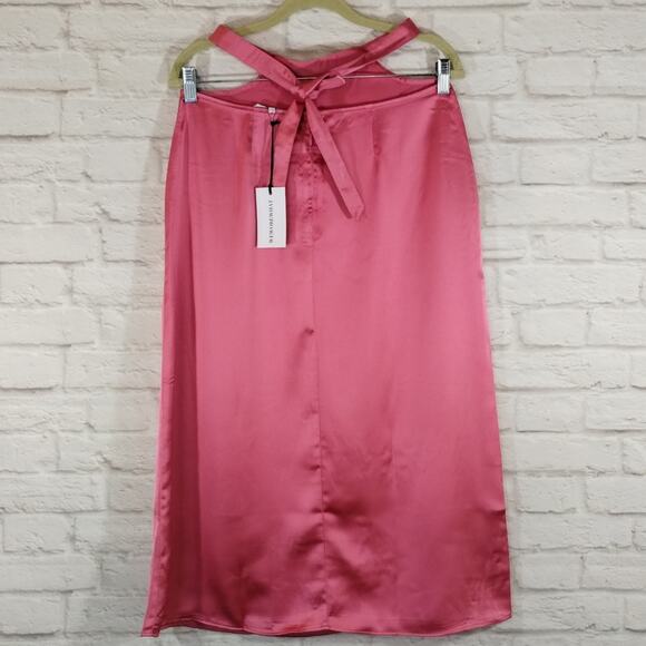 R WeWoreWhat Womens Hot Pink Satin Charmeuse Cut Out Waist Tie Midi Skirt NWT S - Picture 8 of 12